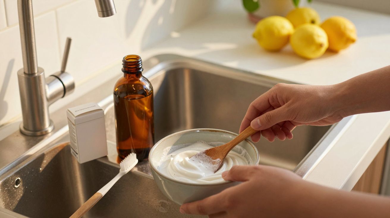 Pessoa mistura espuma numa tigela sobre a pia; limões e garrafa âmbar ao fundo.