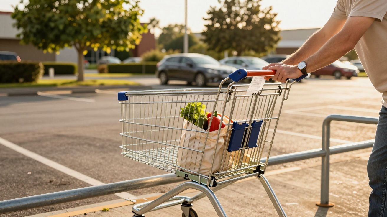 Pessoa empurra carrinho de compras com sacos de produtos no estacionamento ao entardecer.