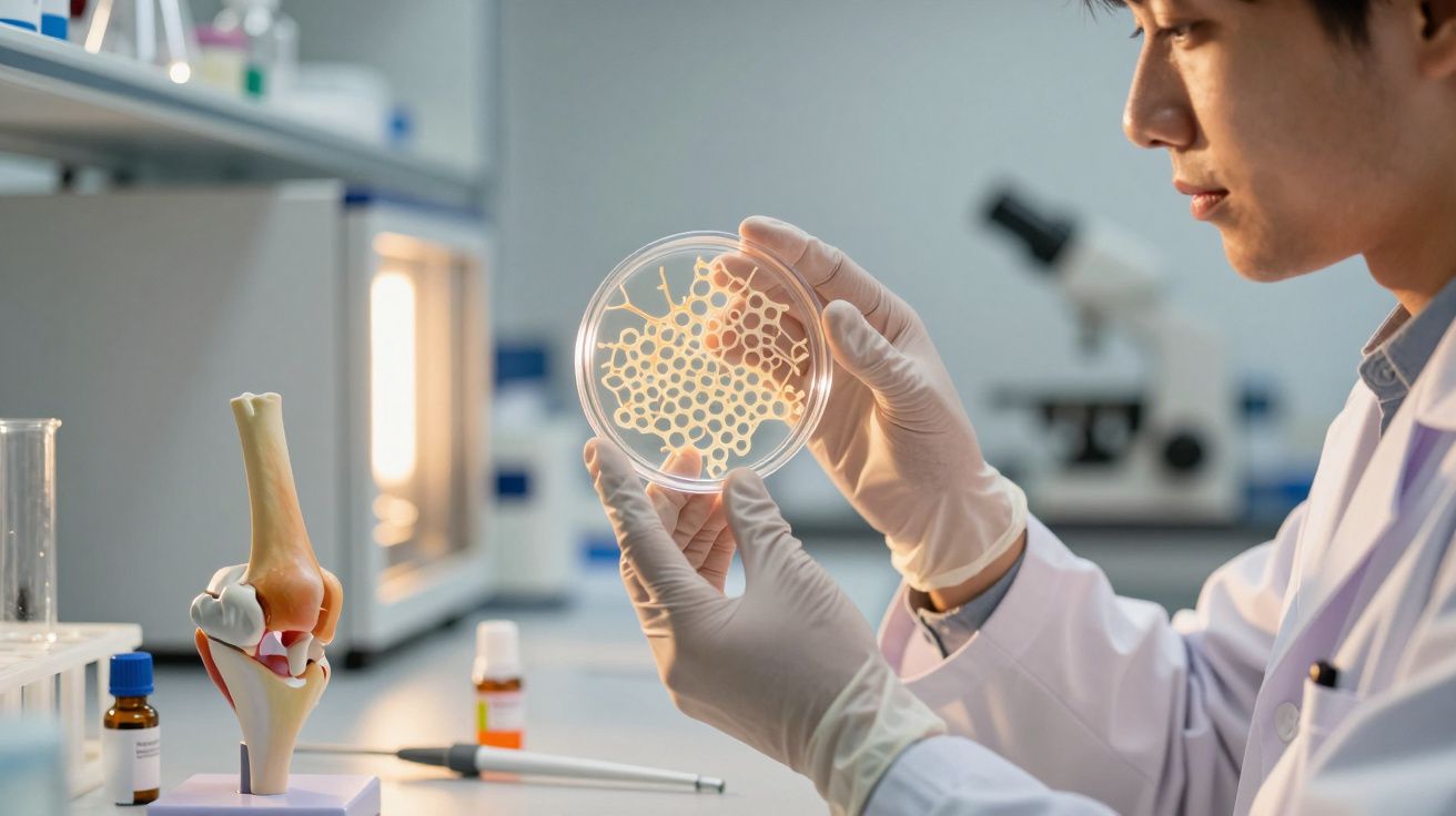 Cientista em laboratório examinando placa de Petri. Modelo de osso humano e microscópio ao fundo.