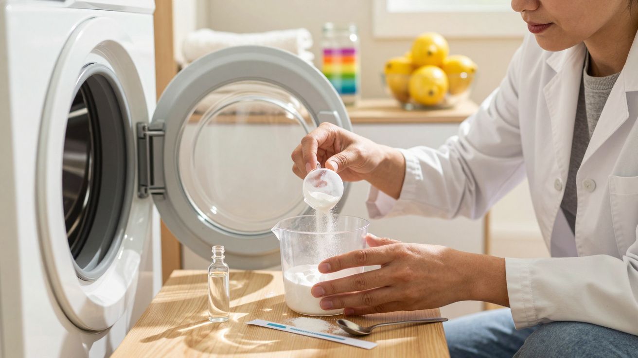 Pessoa mistura ingredientes num recipiente em frente a uma máquina de lavar roupa aberta, mesa com limões ao fundo.