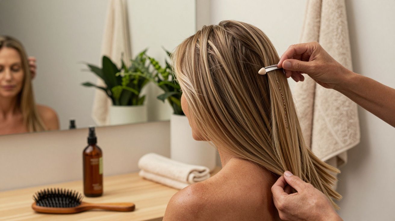 Mulher a arranjar o cabelo com um pente junto a um espelho numa casa de banho, com toalhas e plantas ao fundo.