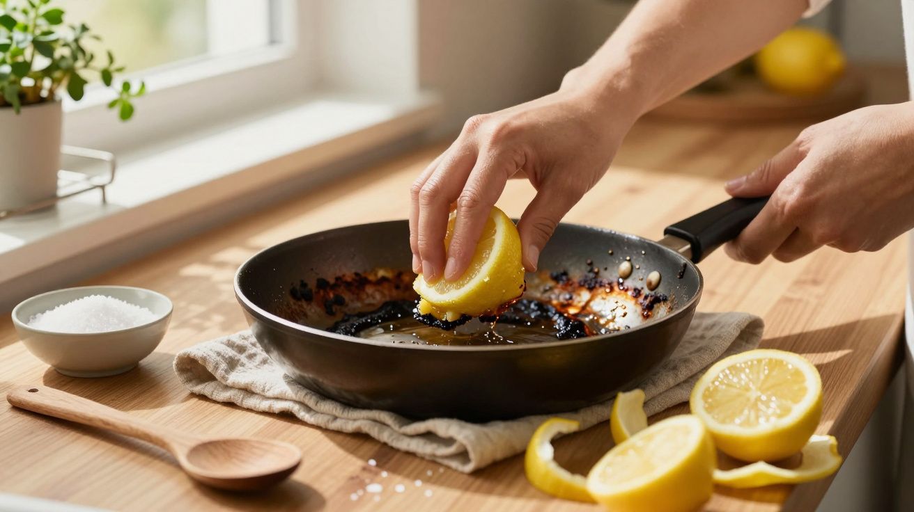 Mão a espremer limão numa frigideira com resíduos queimados, numa cozinha iluminada.