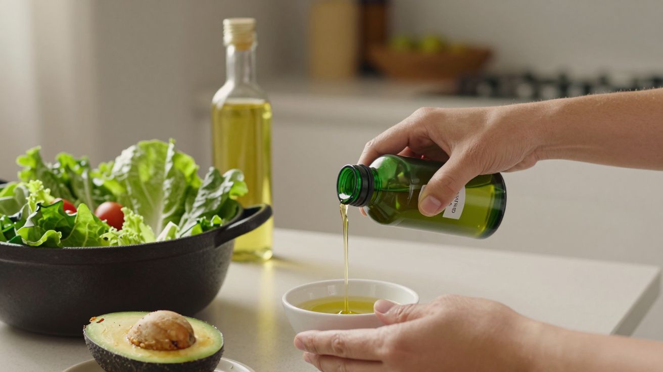 Mãos vertem óleo em taça, com abacate e salada ao fundo numa cozinha iluminada.