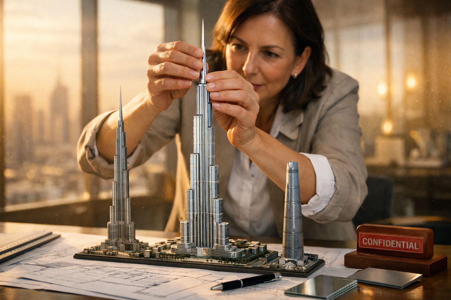 Mulher com hijab a trabalhar numa maquete de arranha-céus em escritório, com cidade visível pela janela ao fundo.