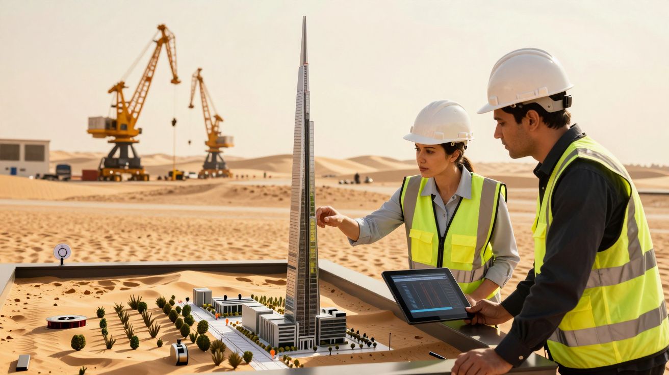 Dois engenheiros analisam uma maquete de torre no deserto, com guindastes ao fundo.