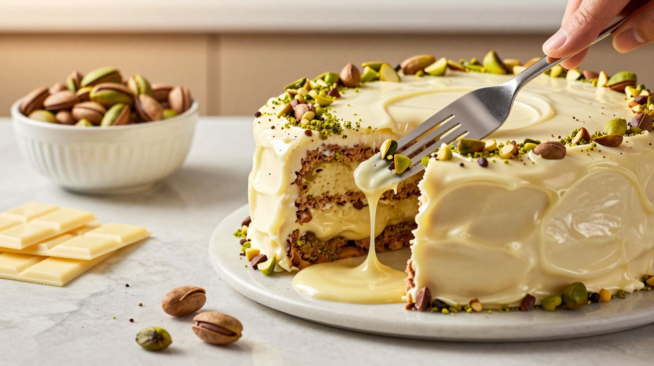 Bolo decorado com pistáchios e cobertura cremosa de chocolate branco, com uma fatia retirada e creme a escorrer.