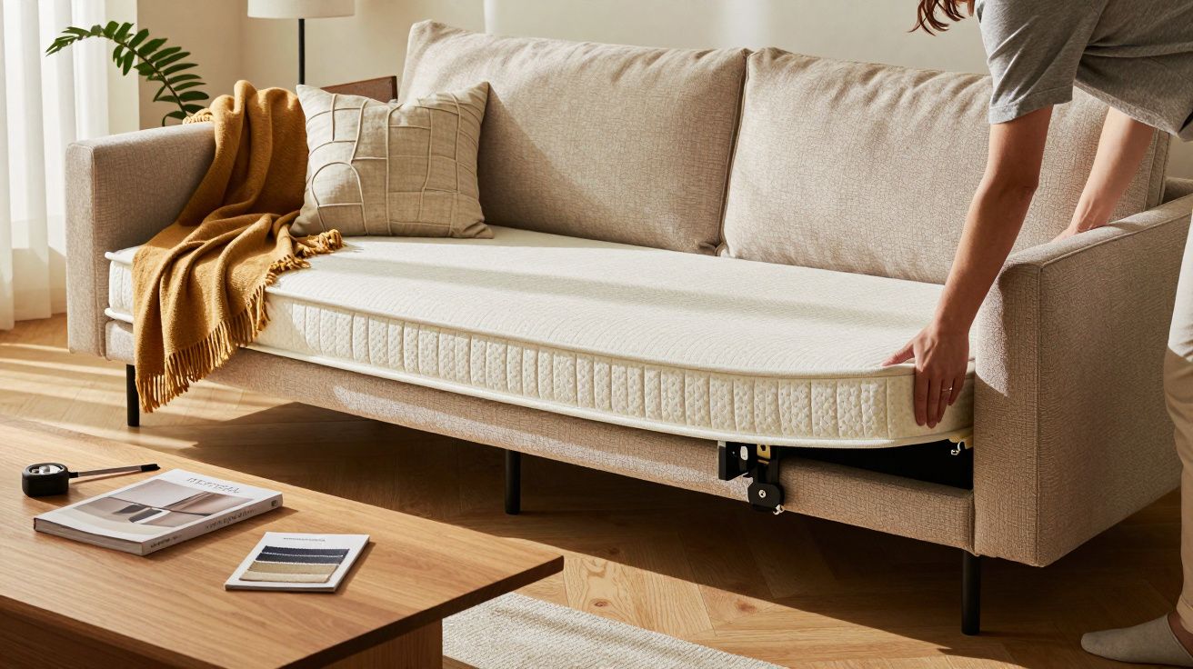 Pessoa abre sofá-cama bege na sala com manta e almofadas; mesa de centro à frente com livros e fita métrica.