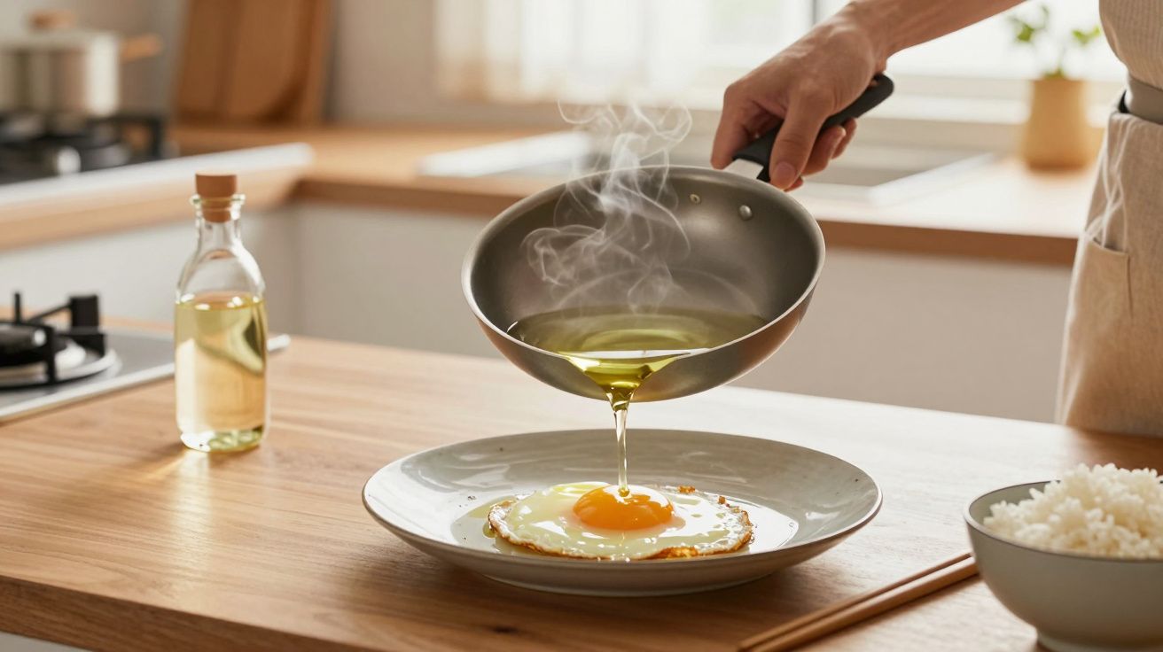 Pessoa a servir óleo sobre ovo estrelado num prato, numa cozinha. Frasco de óleo e taça de arroz ao lado.