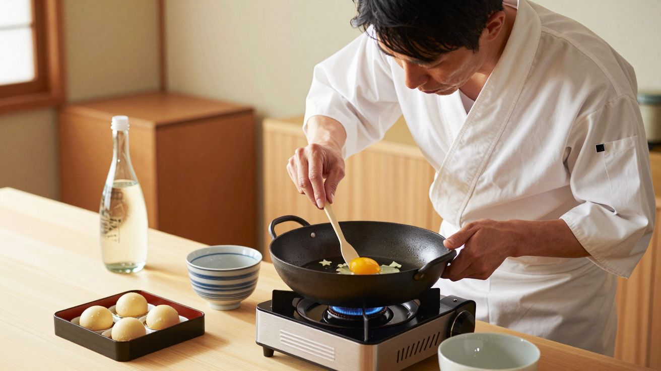 Homem de jaleca branca cozinha ovo numa wok sobre um fogão portátil, com ingredientes e chávenas ao lado.