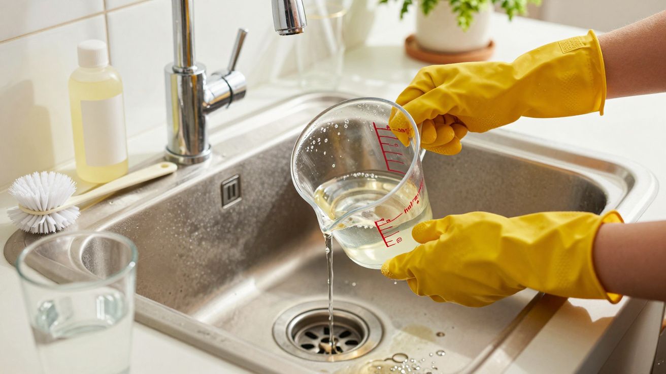 Mãos com luvas amarelas despejam líquido de uma jarra medida na pia da cozinha.