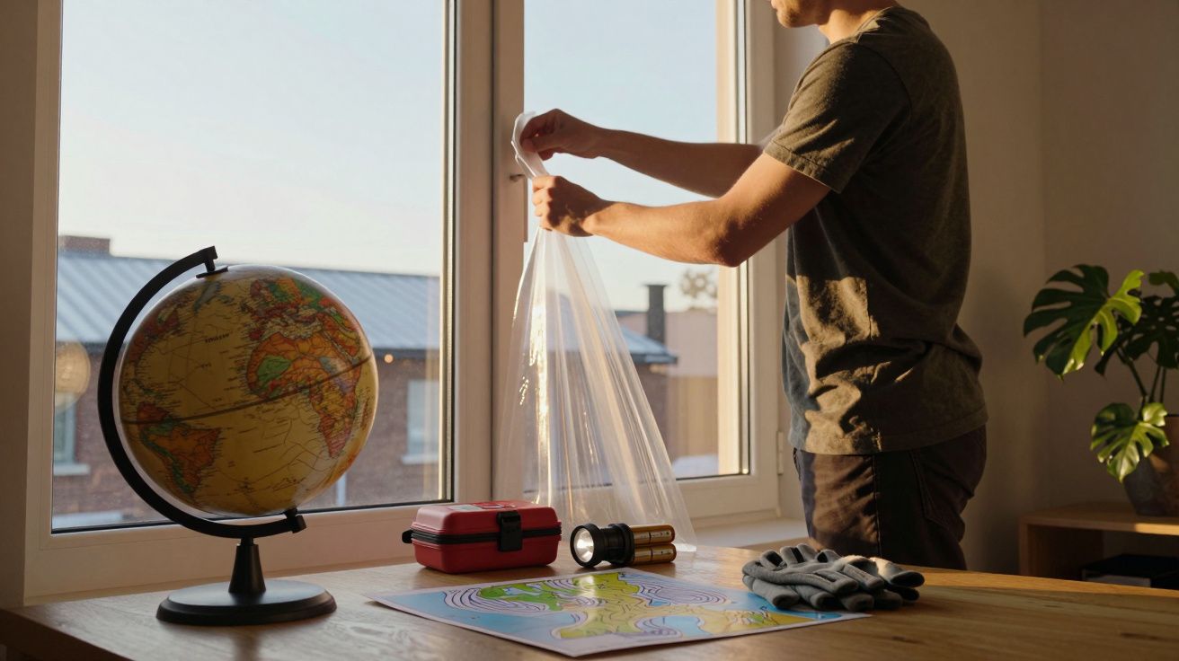 Homem fecha a janela enquanto olha mapa, com um globo e lanternas na mesa iluminada pelo sol.