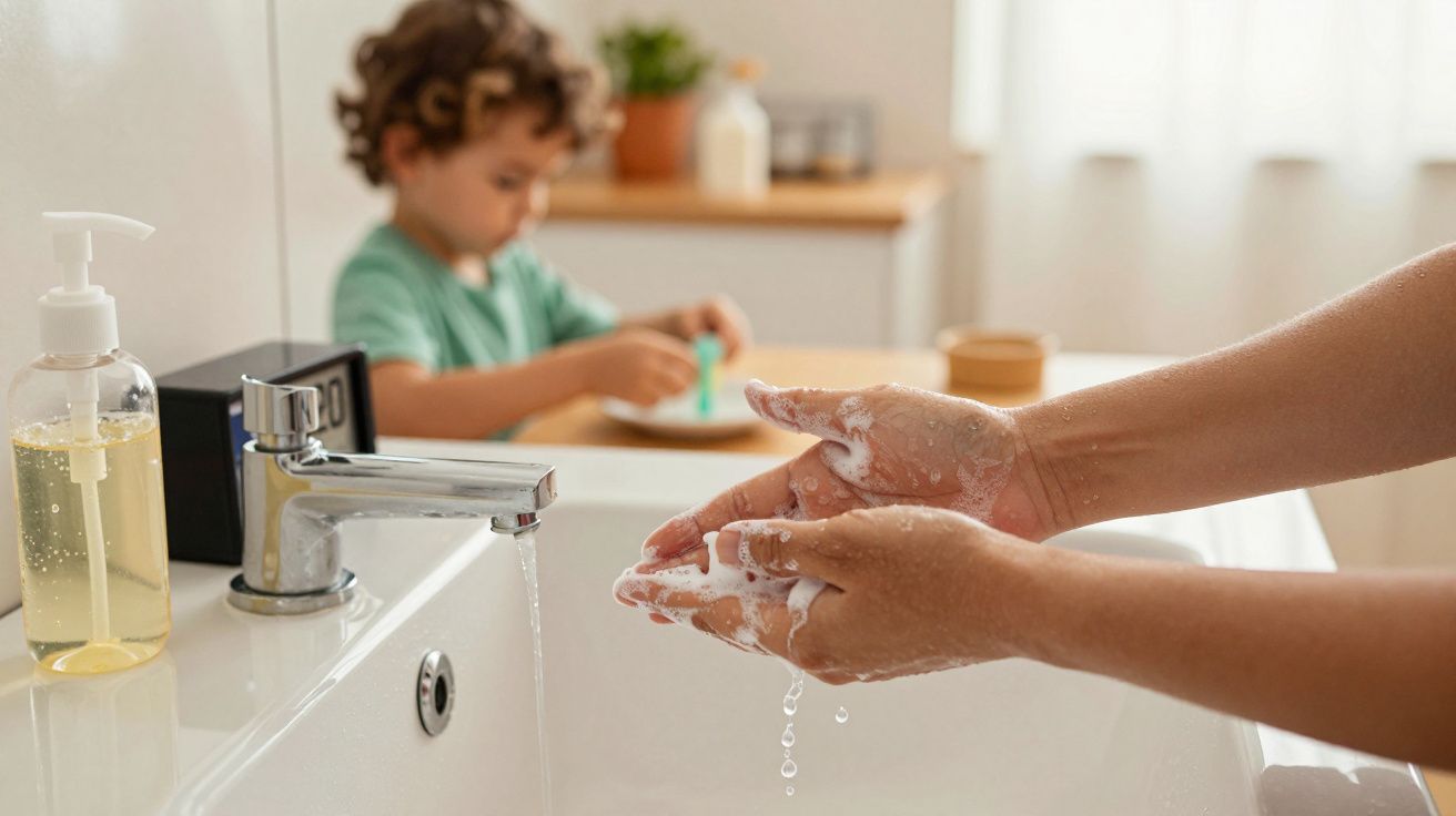 Mãos de um adulto a lavar-se com sabão numa casa de banho; criança ao fundo a brincar na cozinha desfocada.