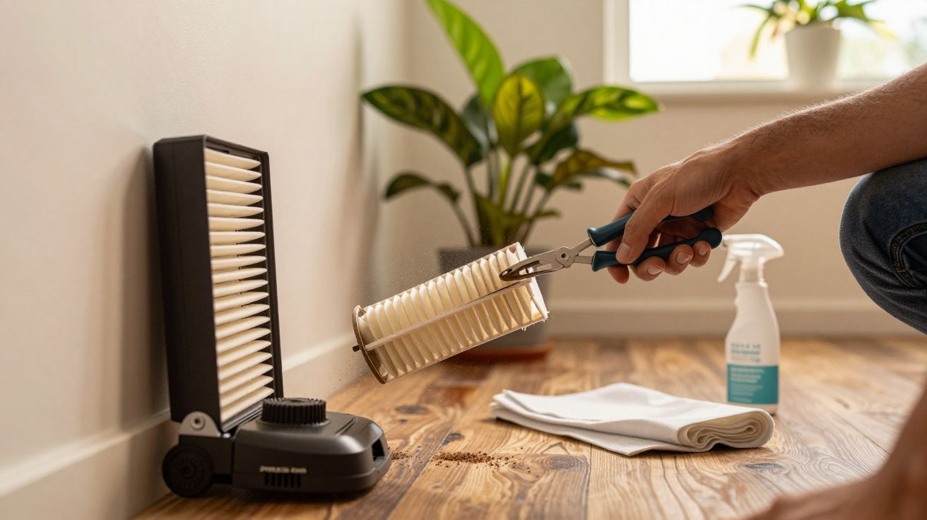 Mão usando alicate para trocar filtro de um aspirador junto à parede, com planta ao fundo e produtos de limpeza ao lado.
