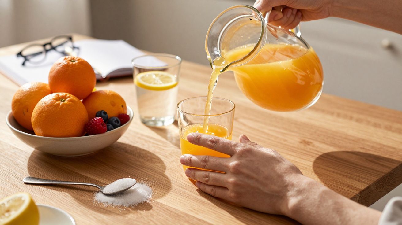 Mão a servir sumo de laranja num copo. Fruta e açúcar na mesa de madeira clara.