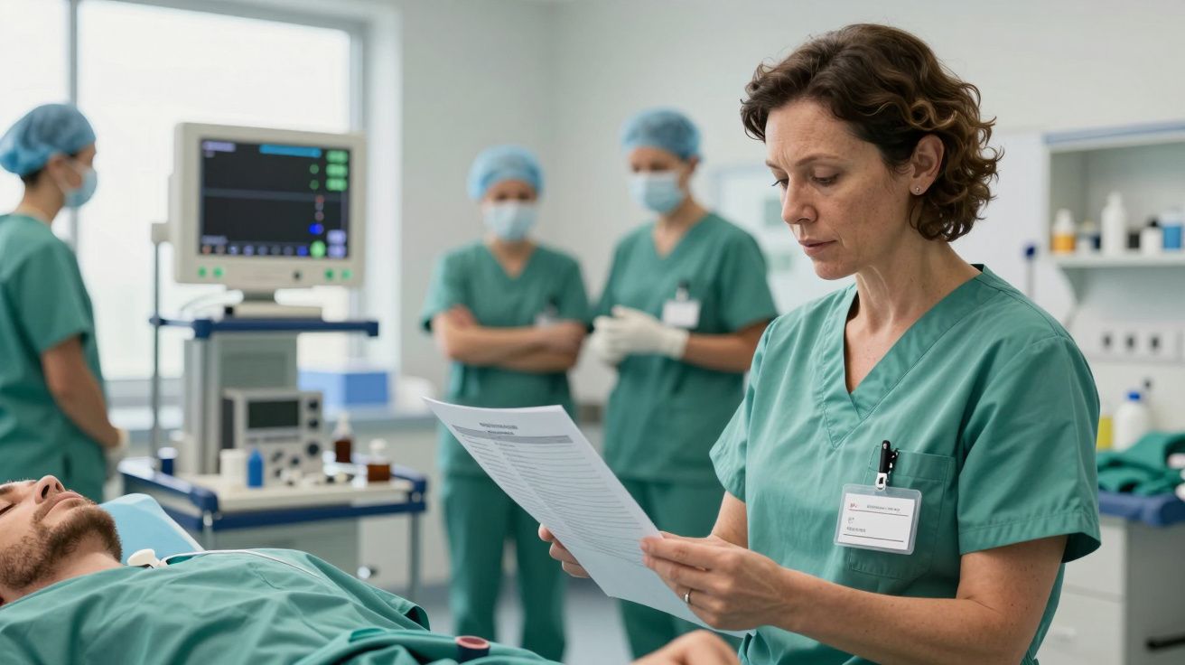 Médica analisa documentos ao lado de paciente deitado, com três profissionais ao fundo numa sala de hospital.