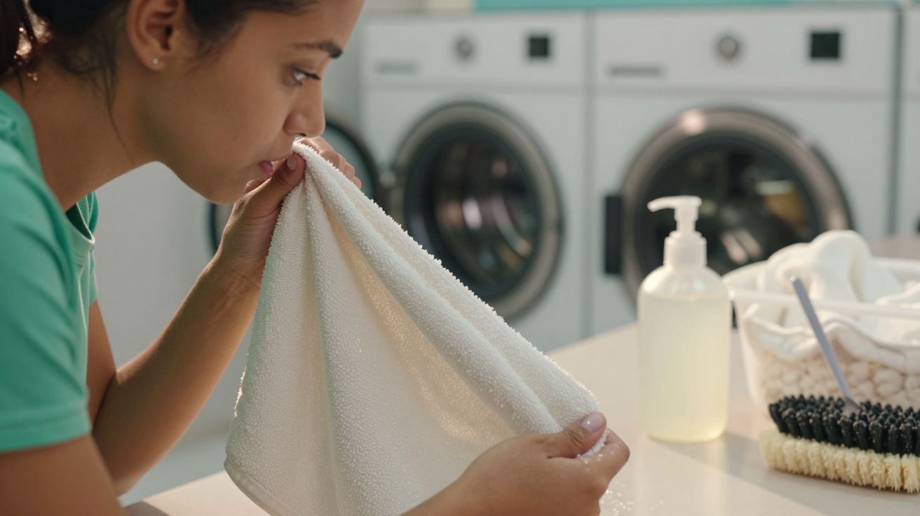 Mulher cheira toalha branca numa lavandaria, com máquinas de lavar ao fundo.