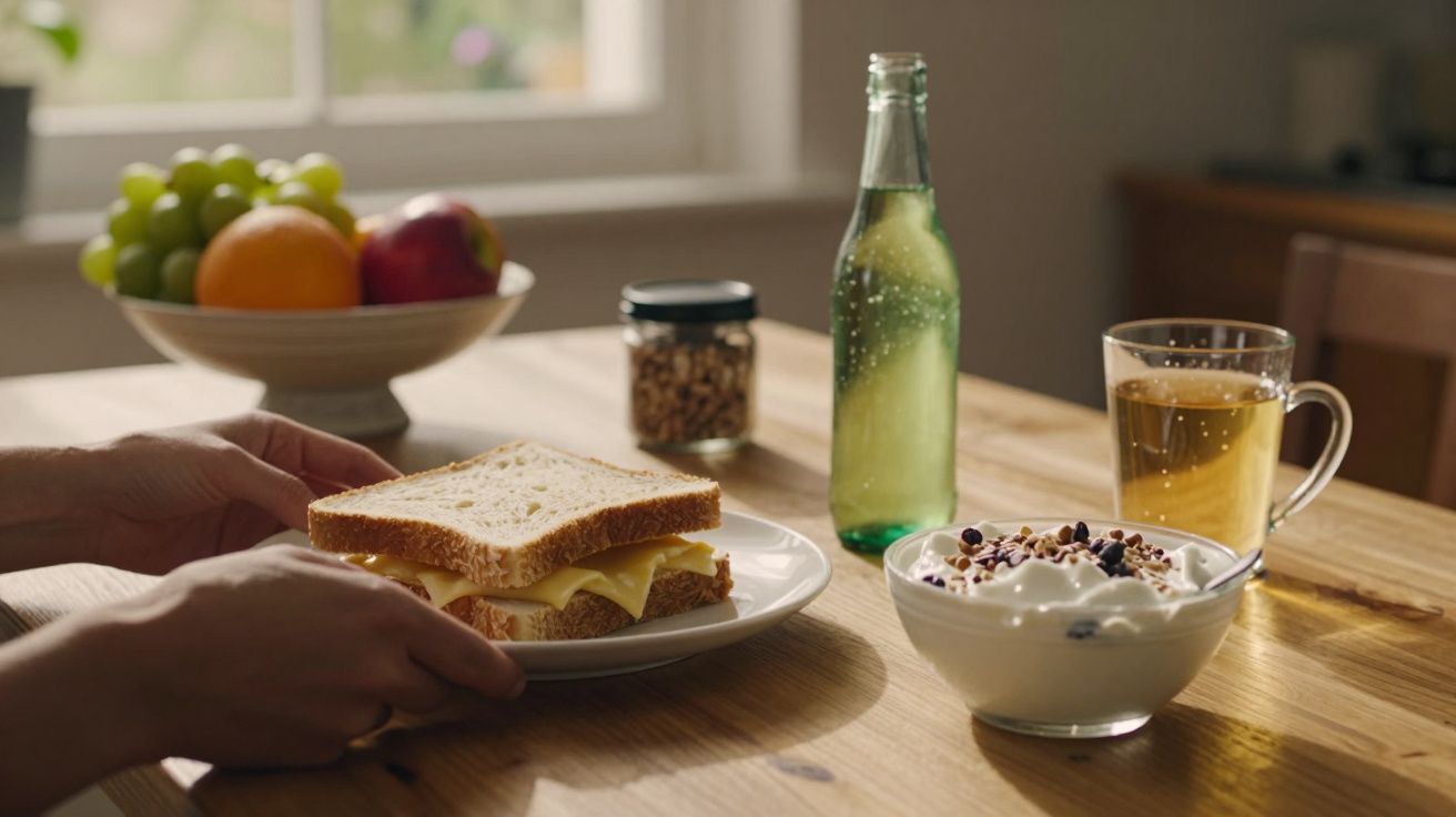 Pequeno-almoço numa mesa de madeira: sanduíche, taça de iogurte com cereais, fruta, chá e garrafa de água.