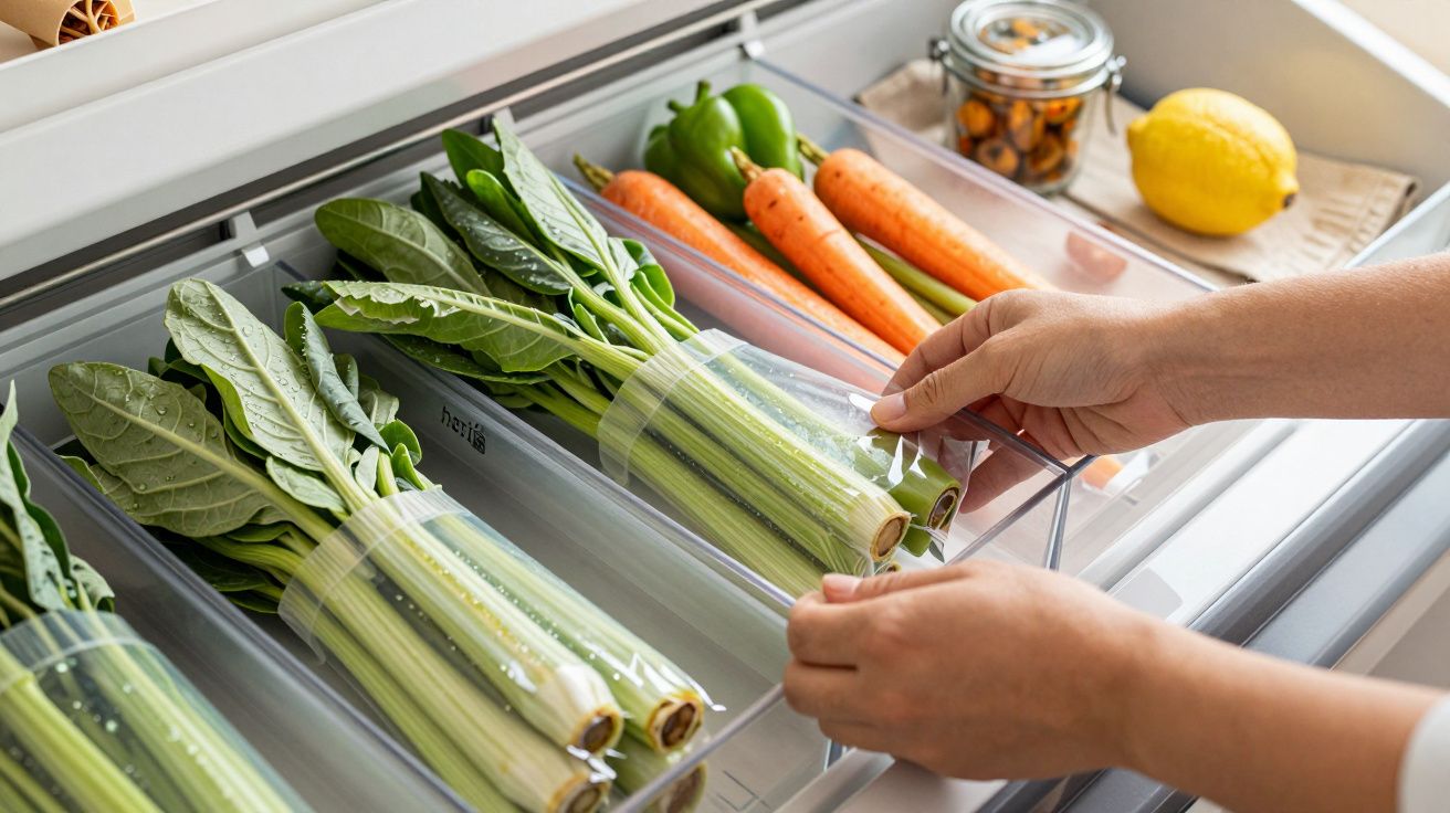 Mãos organizam vegetais frescos, incluindo cenouras e folhas verdes, dentro de uma gaveta de frigorífico.