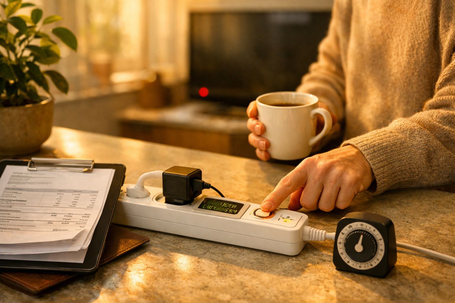 Pessoa ajusta uma régua de energia inteligente sobre um móvel de madeira. TV e planta em segundo plano.