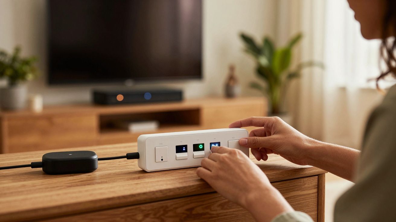 Pessoa ajustando uma régua de energia inteligente numa sala de estar.