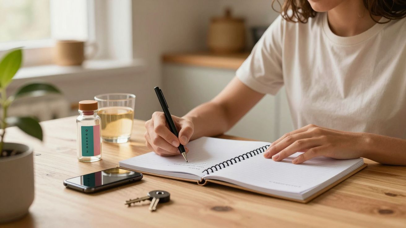 Pessoa a escrever num caderno numa mesa de madeira com copo, frasco, telemóvel e chaves ao lado.