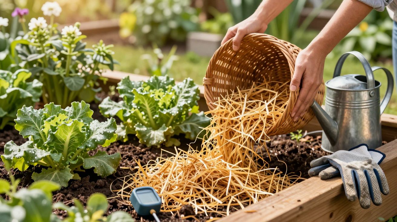 Mãos despejam palha num canteiro de legumes num jardim, com regador e luvas ao lado.