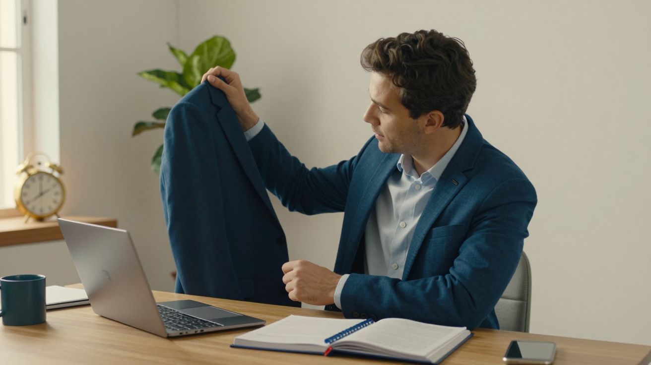 Homem em escritório, segura casaco azul, ao lado de portátil, caderno aberto e telemóvel sobre a mesa.