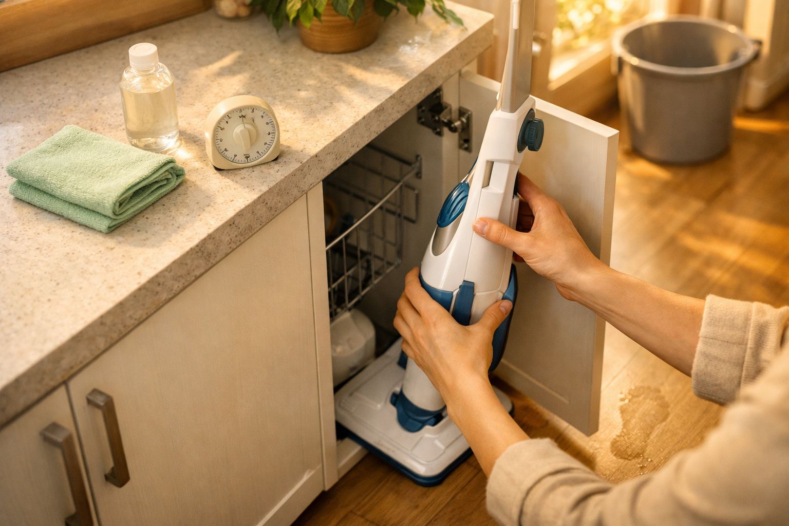 Pessoa segurando uma garrafa de plástico em frente a uma janela, com panos e produtos de limpeza ao lado.