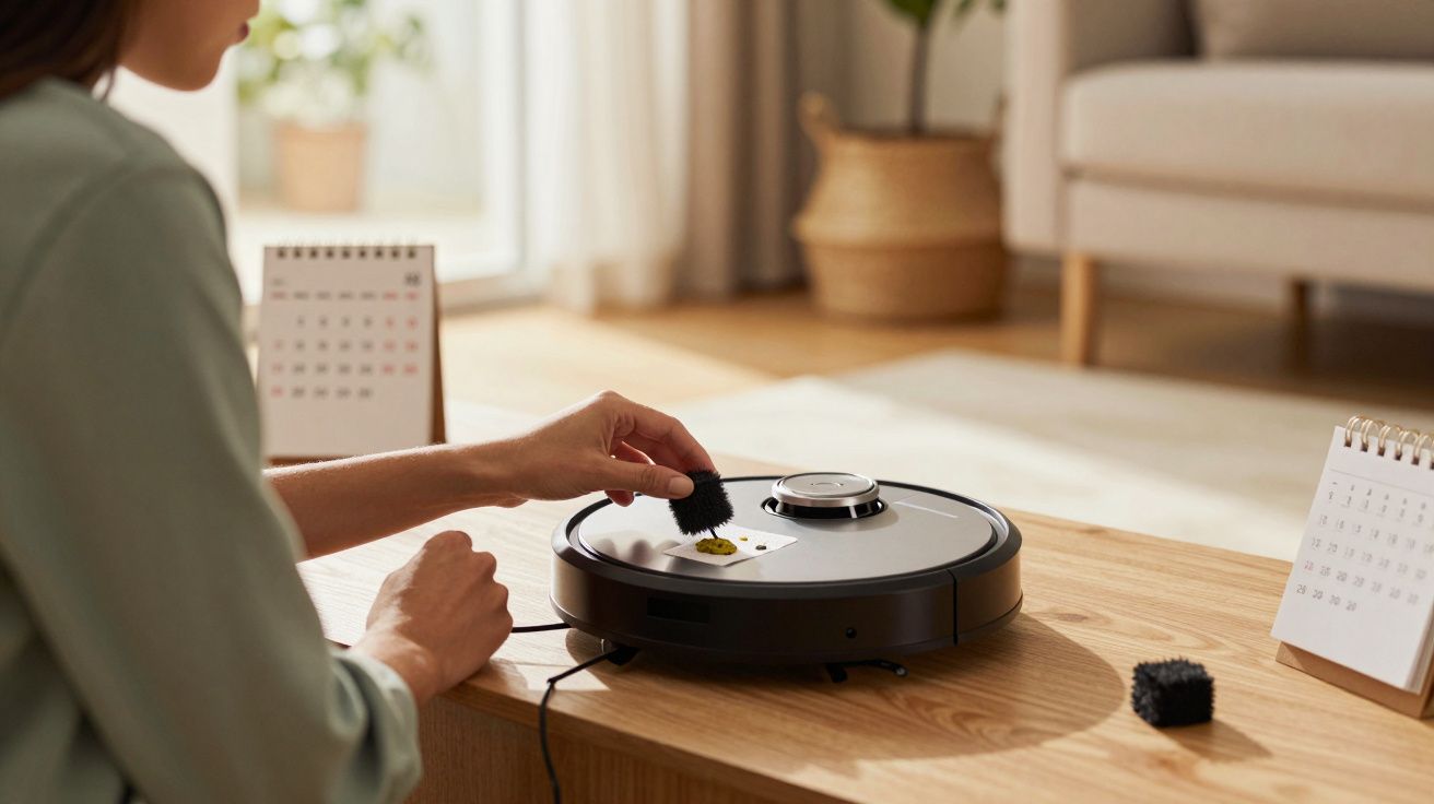 Pessoa a substituir a escova de um aspirador robô numa sala iluminada, com calendários no fundo.