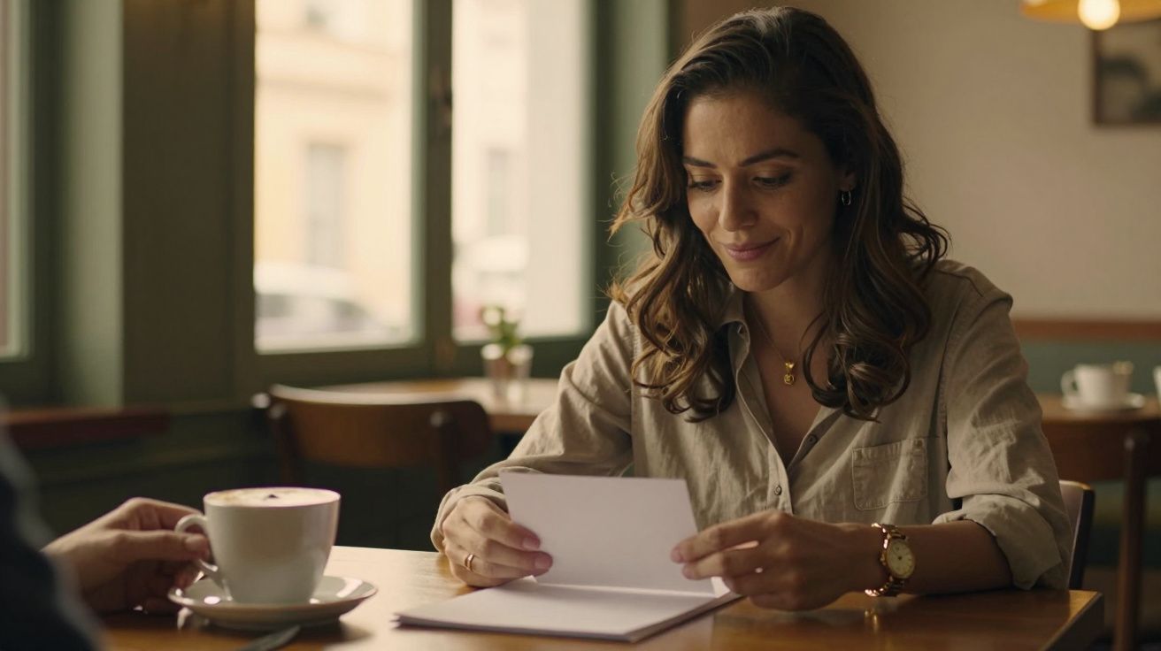 Mulher sorridente lê carta numa cafetaria, com uma chávena de café na mesa em madeira.