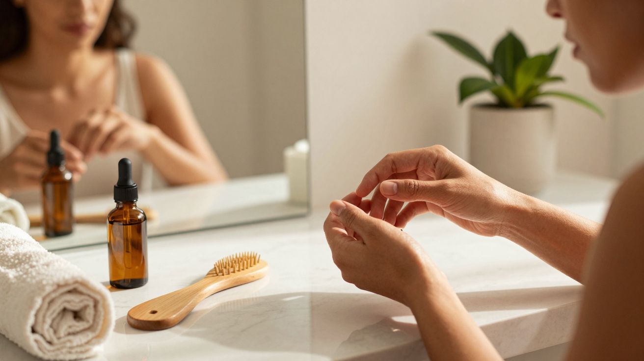 Pessoa cuida das unhas em frente a um espelho, com frascos de óleo e escova sobre a bancada.