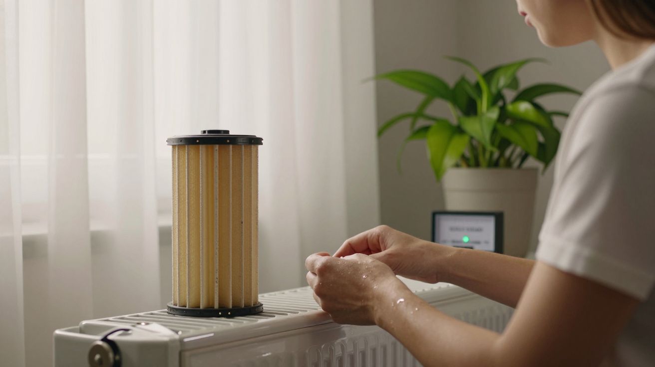 Pessoa a verificar filtro de ar em radiador, perto de uma planta e janela com cortina branca.