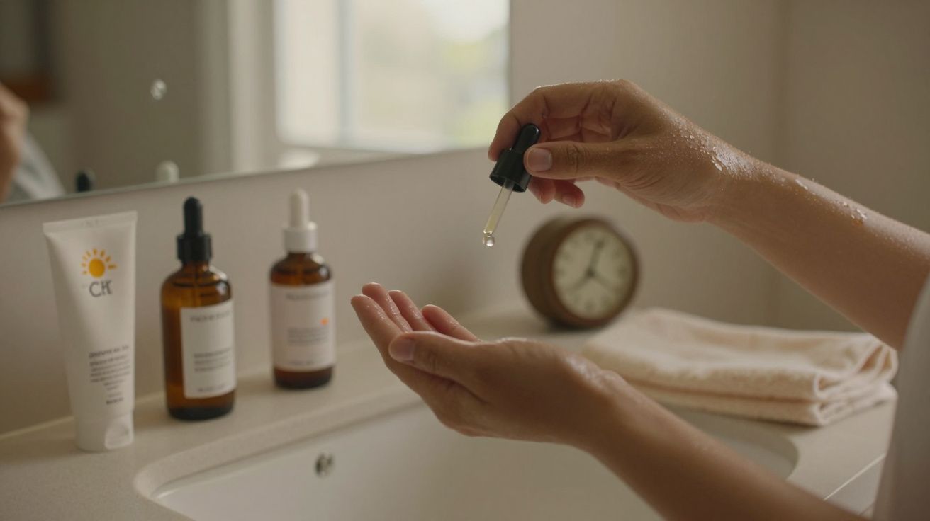Mãos aplicando sérum com conta-gotas, frascos de cosméticos e toalha sobre uma bancada de casa de banho.