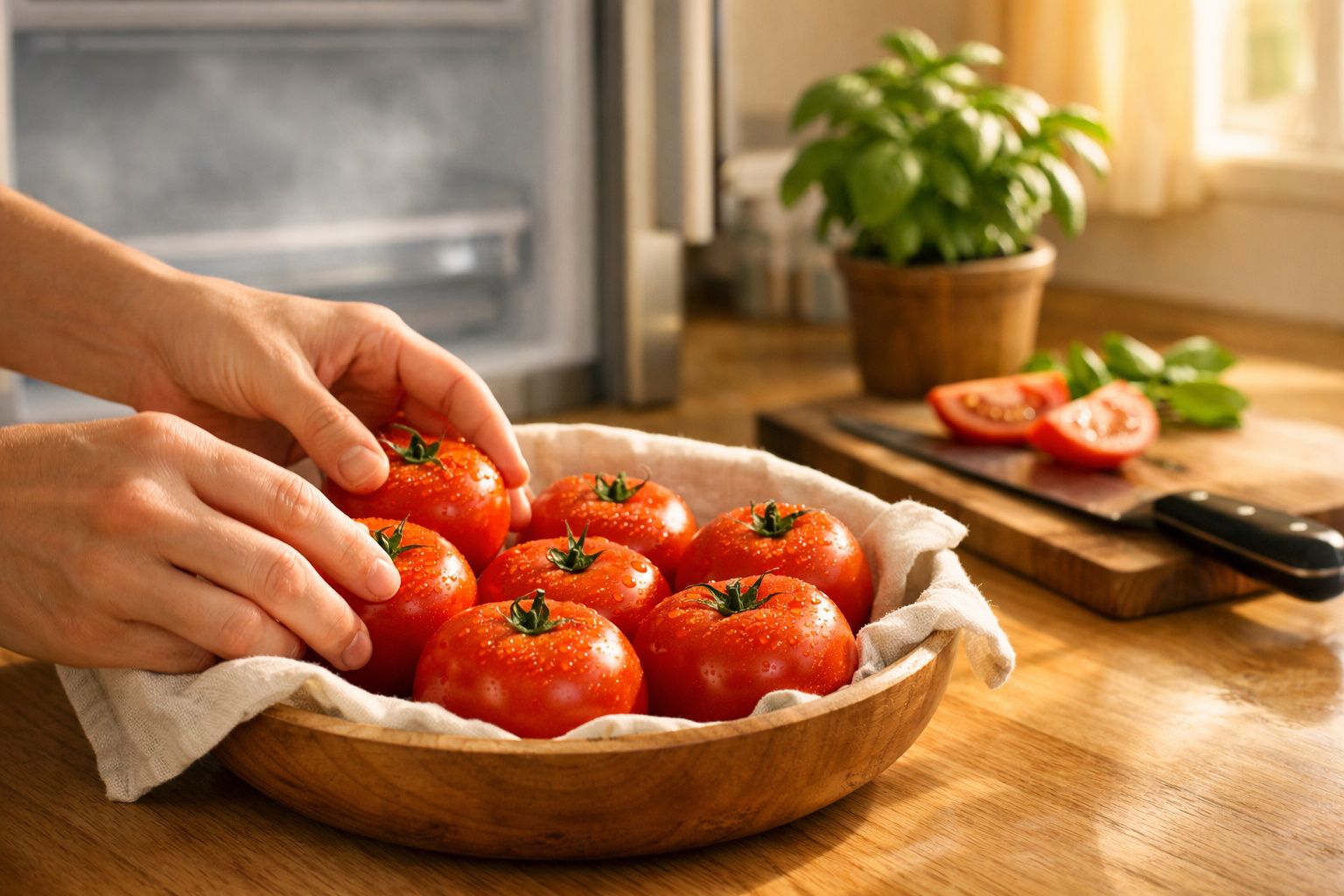 Mãos segurando uma taça cheia de tomates, ao lado de limões e limas numa cozinha iluminada.