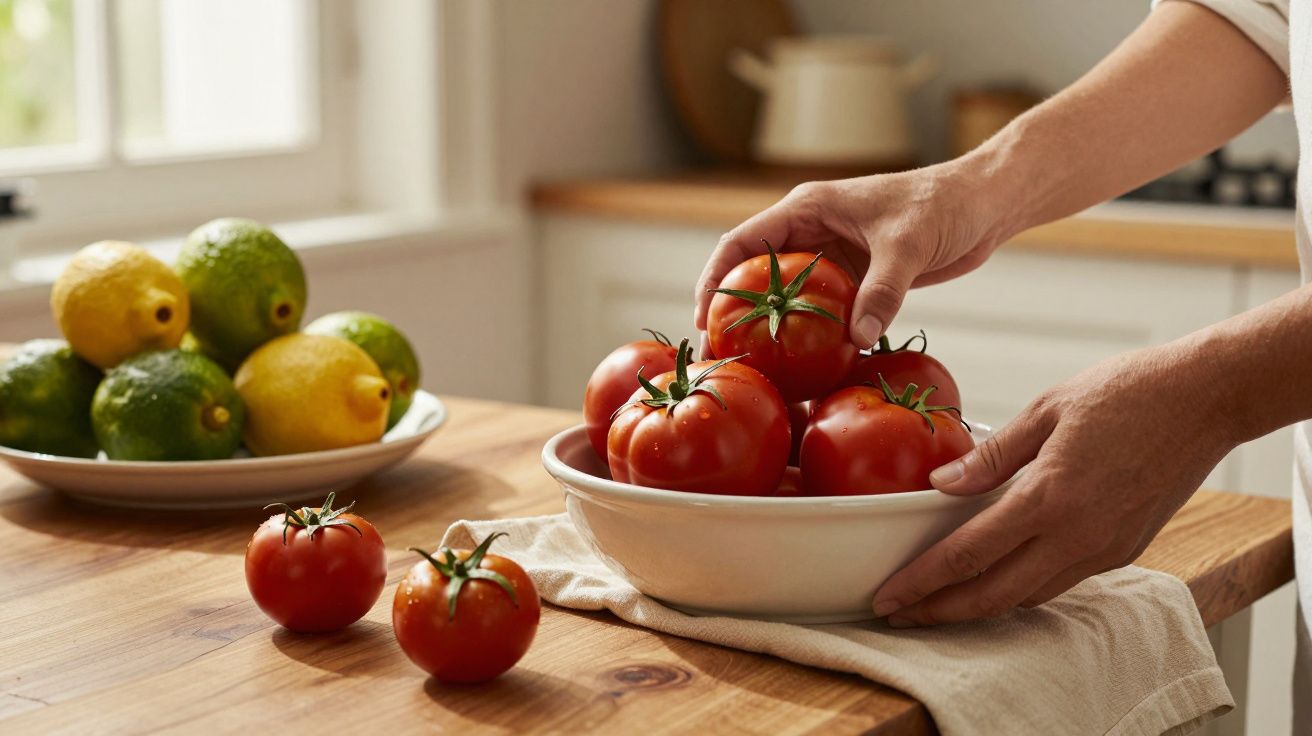 Pessoa colocando tomates num prato branco, ao lado de limões e limas na bancada de cozinha.