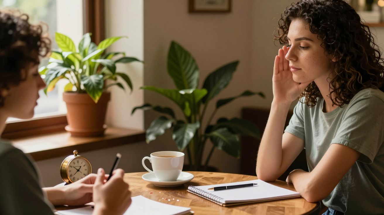 Duas pessoas conversam numa mesa com chávena, bloco de notas e plantas ao fundo.