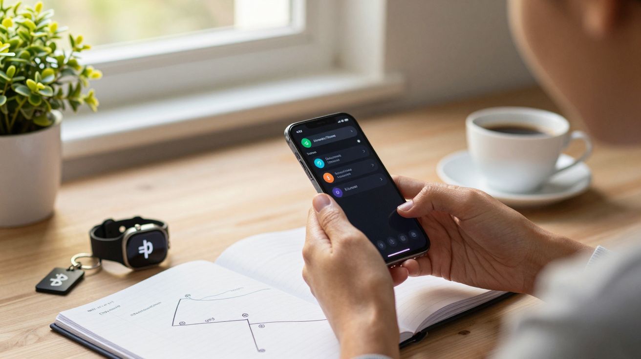 Pessoa verifica smartphone ao lado de chávena de café, caderno aberto e smartwatch numa mesa de madeira.