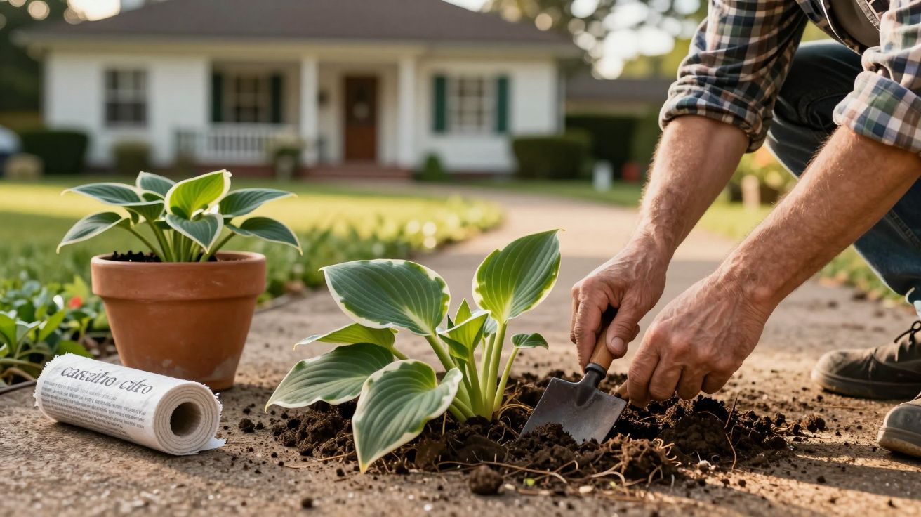 Pessoa a plantar hosta num jardim com casa ao fundo e jornal ao lado.