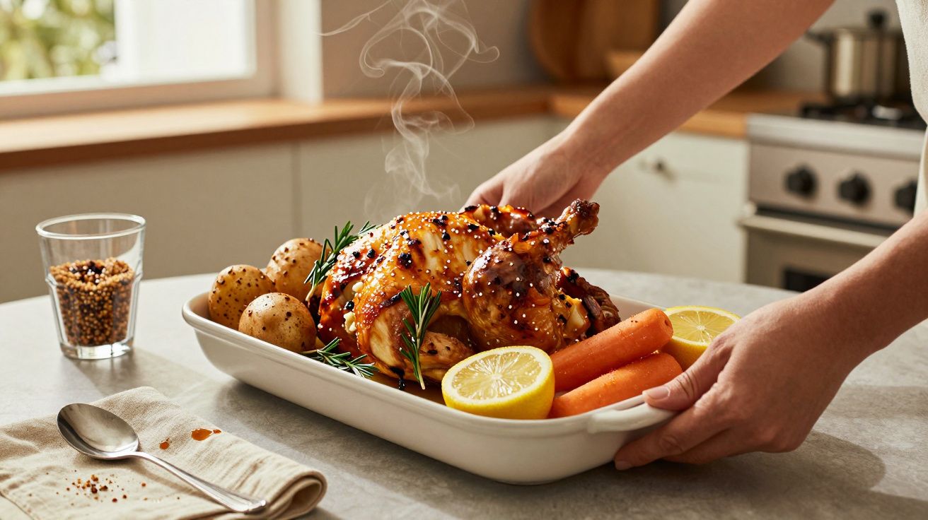 Pessoa a servir frango assado com batatas e cenouras numa travessa, decorado com limão e alecrim numa cozinha iluminada.