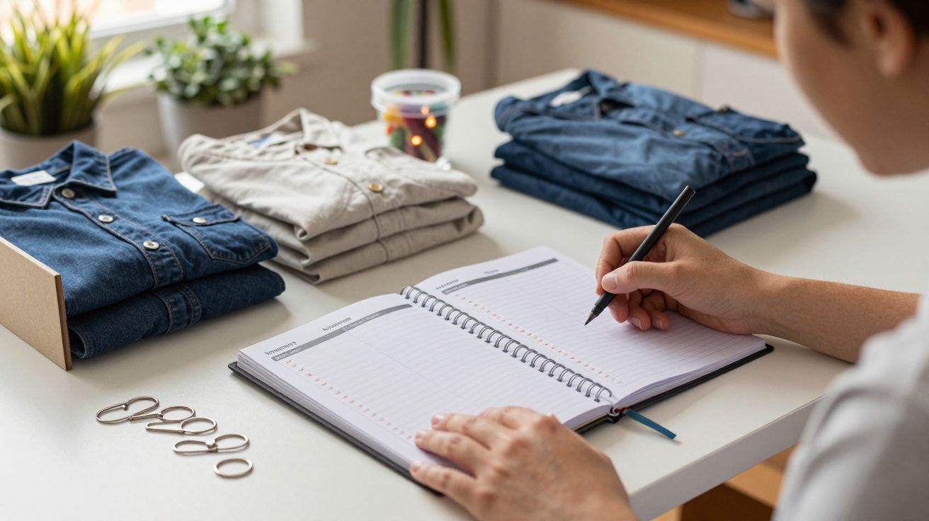 Pessoa escreve em bloco de notas ao lado de roupas dobradas e plantas numa mesa.