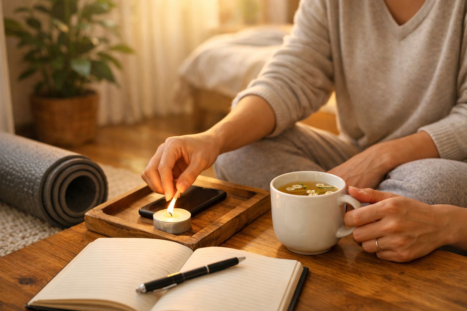 Mulher fazendo alongamento em tapete de ioga numa sala, com copo de água e vela ao lado.