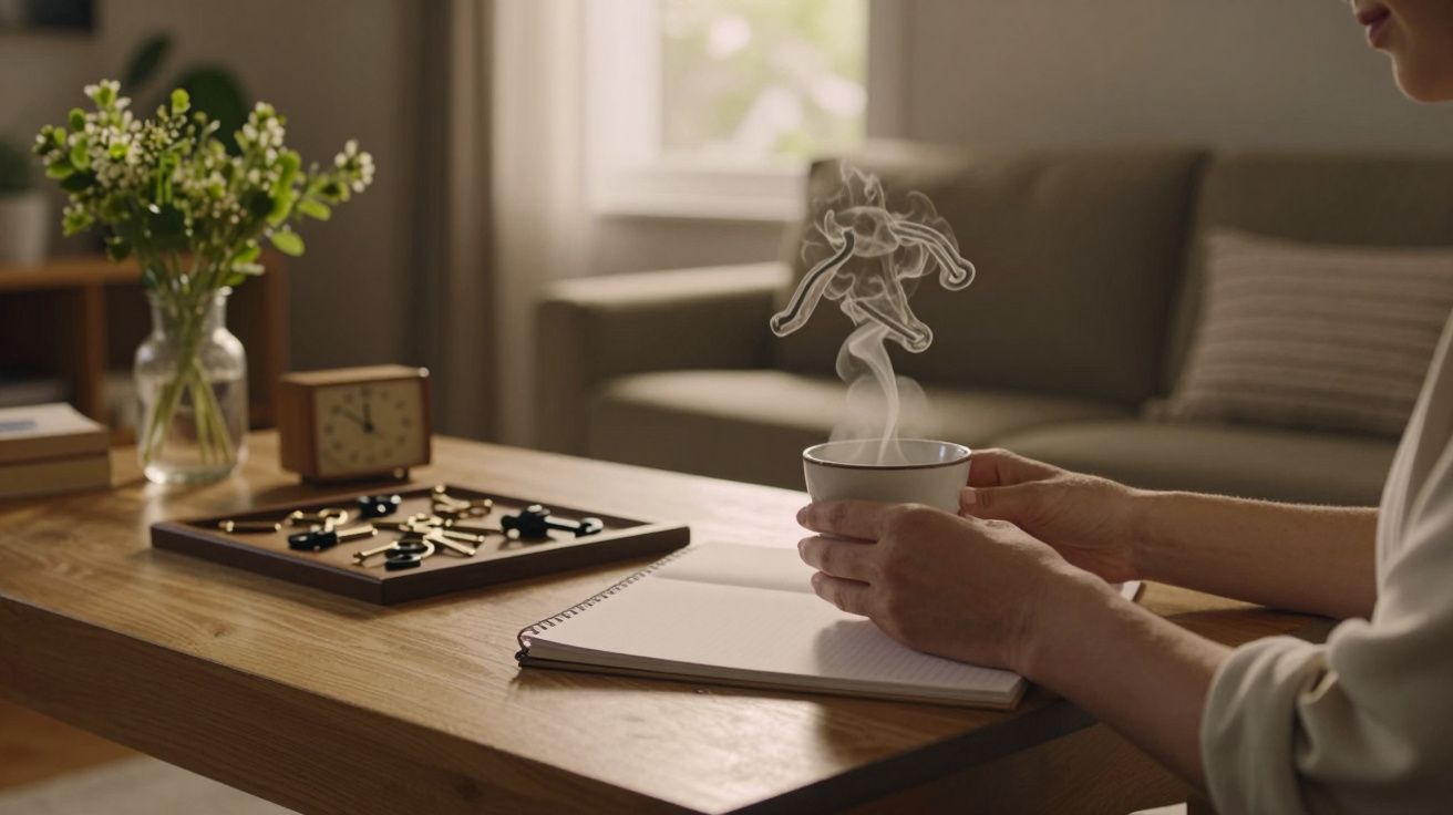 Pessoa segura chá sobre mesa com bloco de notas, tabuleiro de jogo, relógio e vaso de flores no fundo flou.