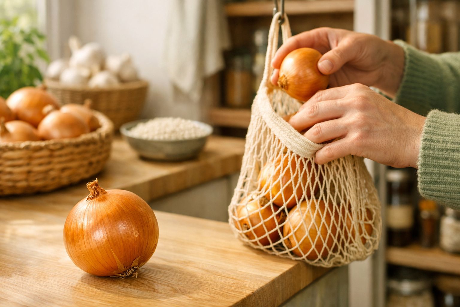 Mãos segurando saco de rede com frutas em cozinha, batatas e ingredientes ao fundo.