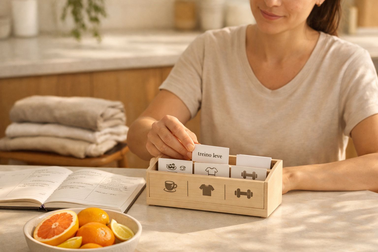 Mulher escreve à secretária junto à janela, com chávena de café, roupa dobrada e quadro colorido a dizer "DECIDIDO".