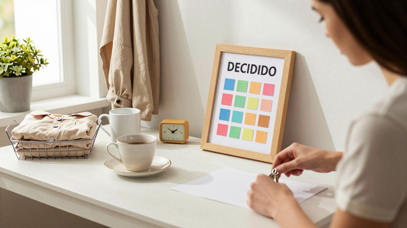 Mulher escrevendo à secretária com moldura "DECIDIDO", roupa dobrada, chávena de chá e relógio sobre a mesa.