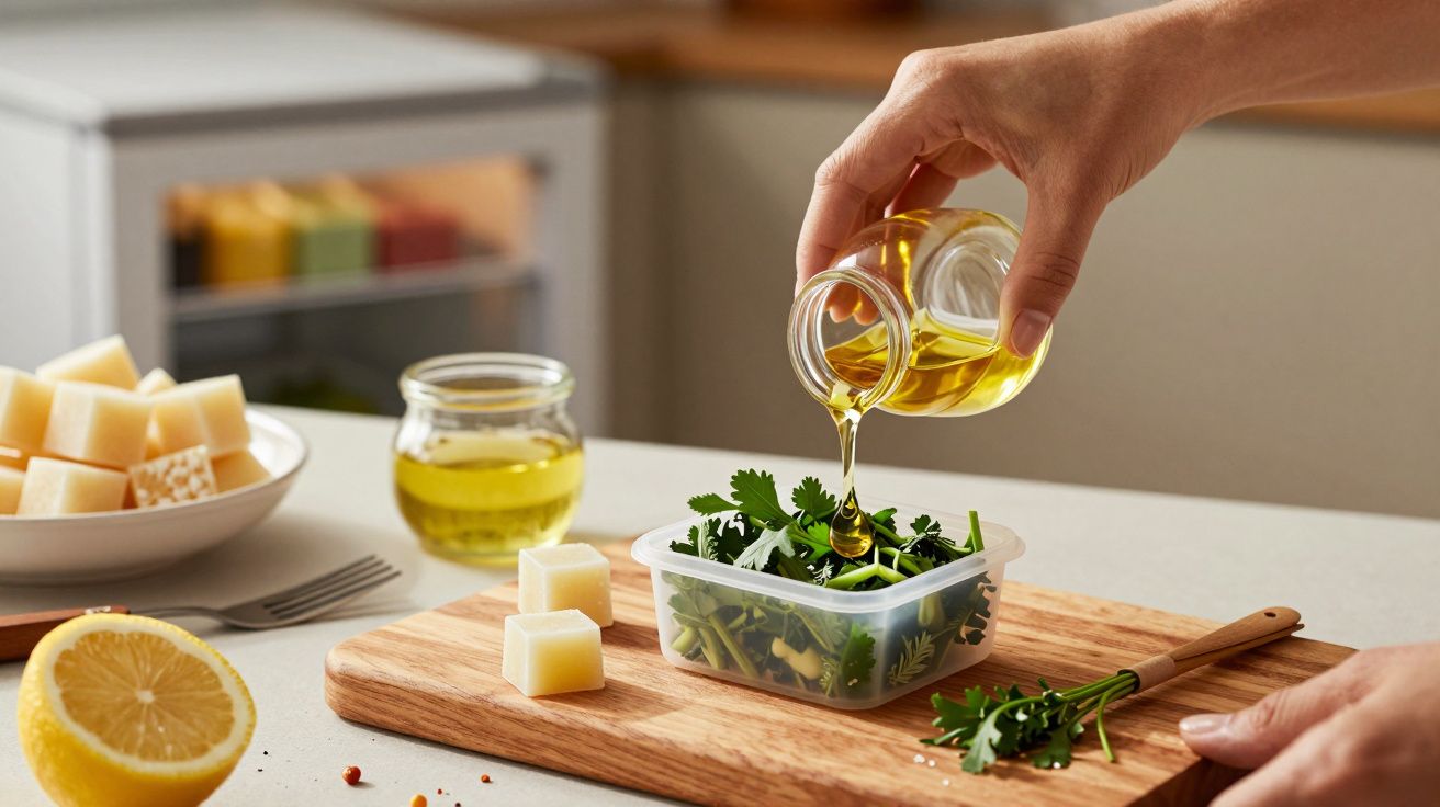 Mão a verter azeite sobre salada de folhas verdes num recipiente de plástico; limão e queijo em cubos ao lado.
