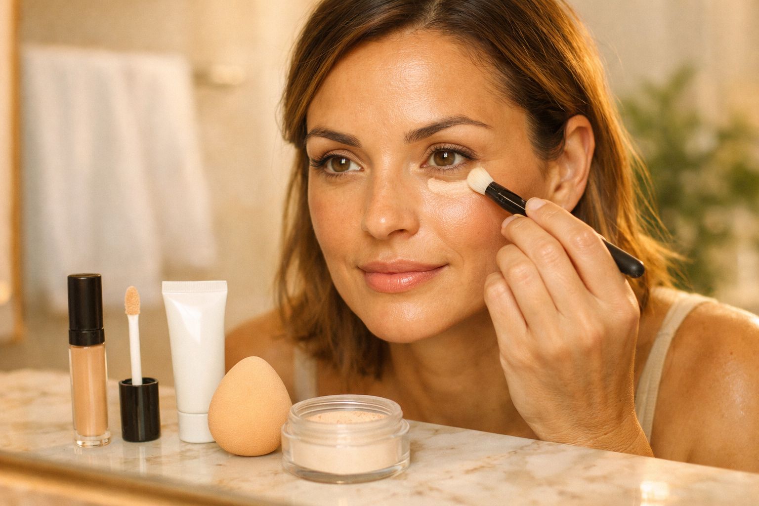 Mulher aplica maquilhagem no rosto usando uma esponja, sentada em frente a um espelho, com produtos de beleza na mesa.
