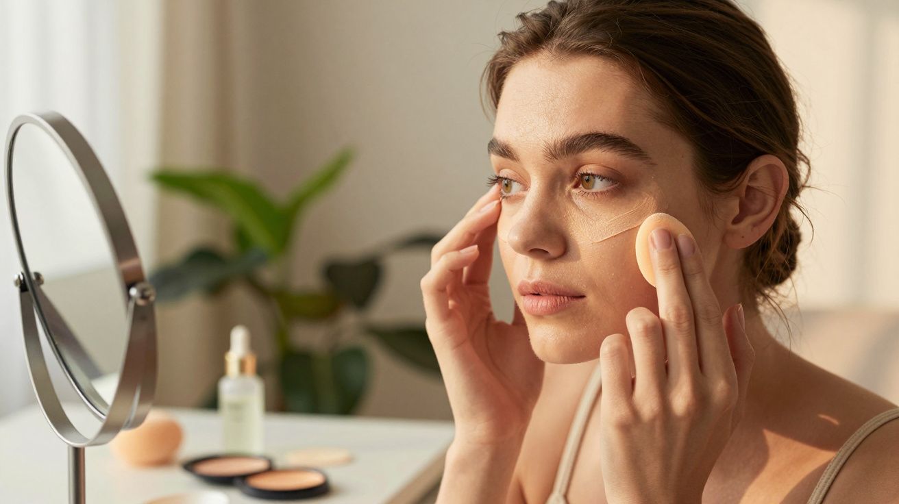 Mulher aplica base no rosto com esponja frente ao espelho, em ambiente iluminado por luz natural.