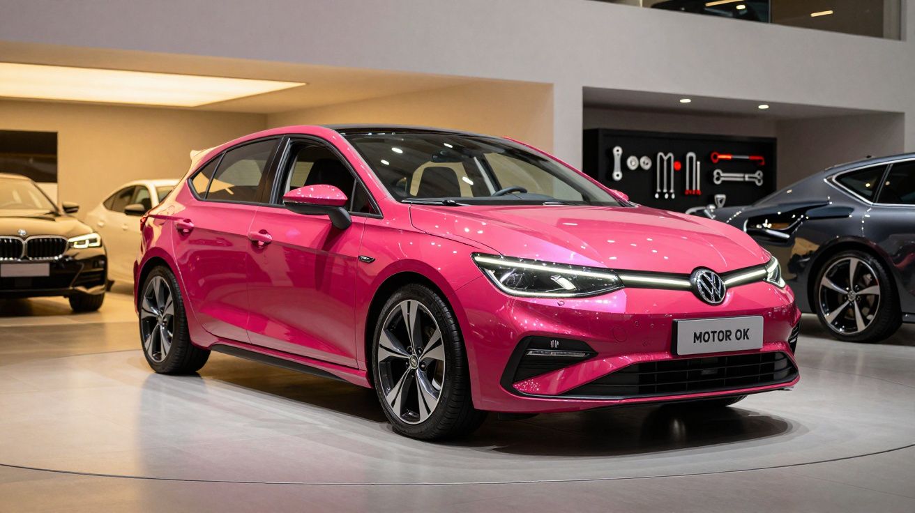 Carro Volkswagen rosa em exposição num showroom iluminado.