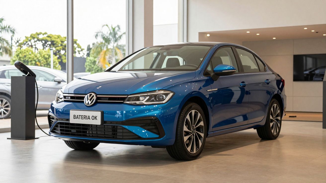 Carro azul elétrico da Volkswagen estacionado num showroom, junto a um posto de carregamento.